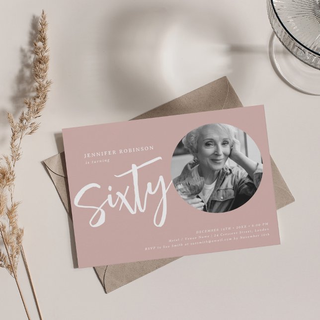 Modern Script Photo 60th Birthday Dusty Pink  Invitation (Modern Script Photo 60th Birthday Dusty Pink Invitation)