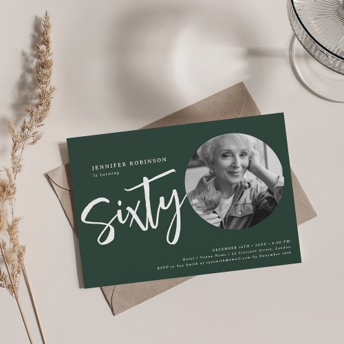 Modern Script Photo 60th Birthday Party Emerald  Invitation