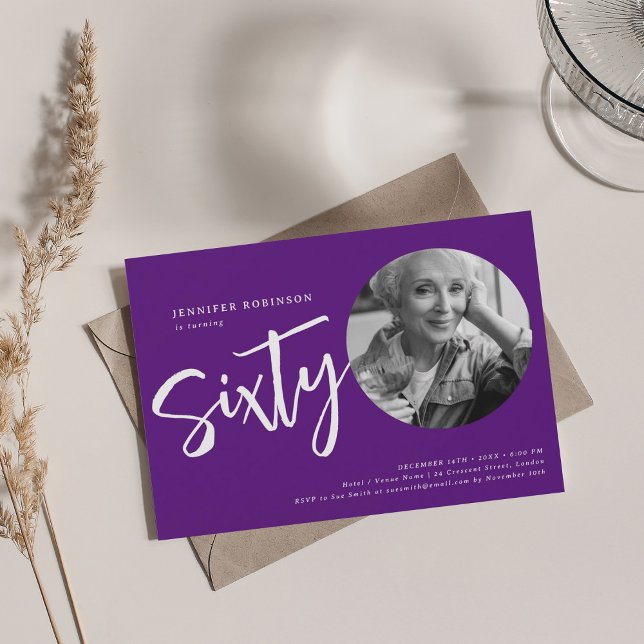 Modern Script Photo 60th Birthday Party Purple  Invitation (Modern Script Photo 60th Birthday Party Purple Invitation)