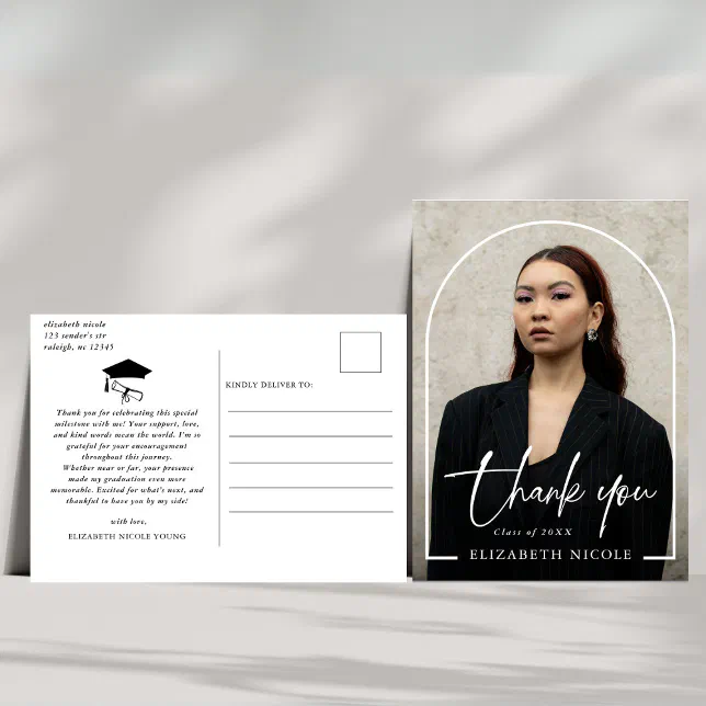 Modern Script Photo Arch Graduation Thank You Postcard | Zazzle