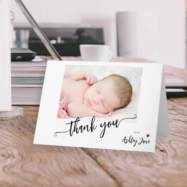 Modern script photo baby shower thank you note card | Zazzle