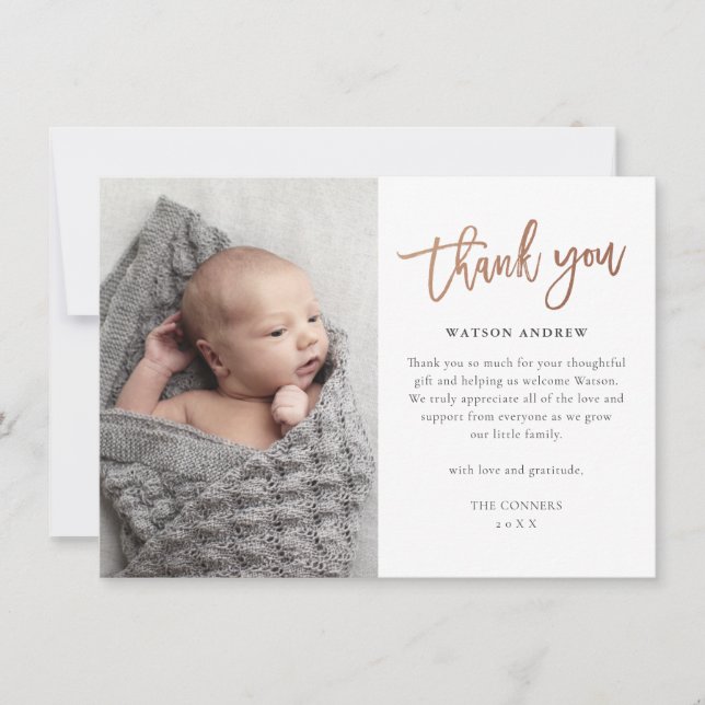 Modern Script Photo Baby Thank You Card (Front)
