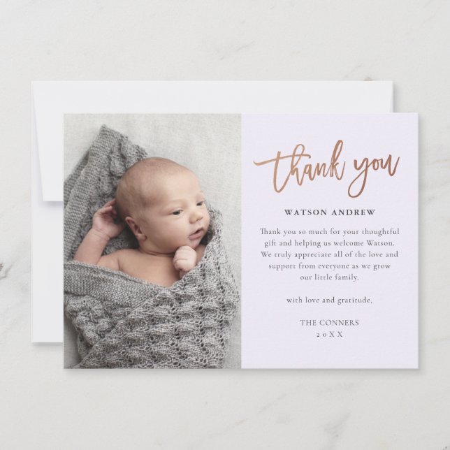 Modern Script Photo Baby Thank You Card (Front)