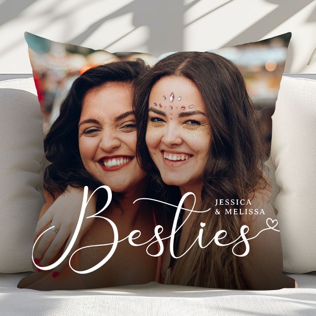 Modern Script Photo Besties Gift Throw Pillow (Creator Uploaded)