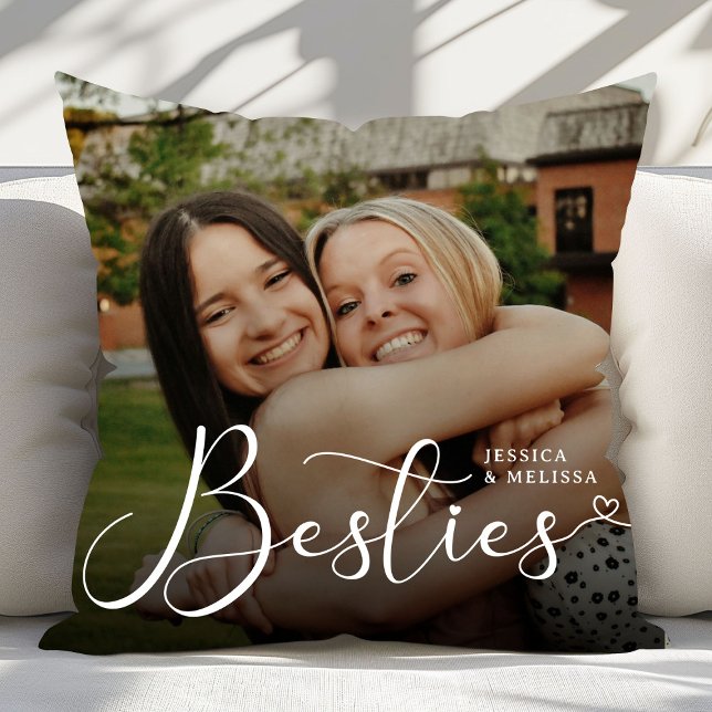 Modern Script Photo Besties Gift Throw Pillow (Creator Uploaded)