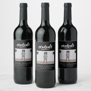 Modern script photo black and white graduation wine label