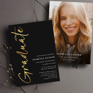 Modern Script Photo Black Gold Graduation Announcement