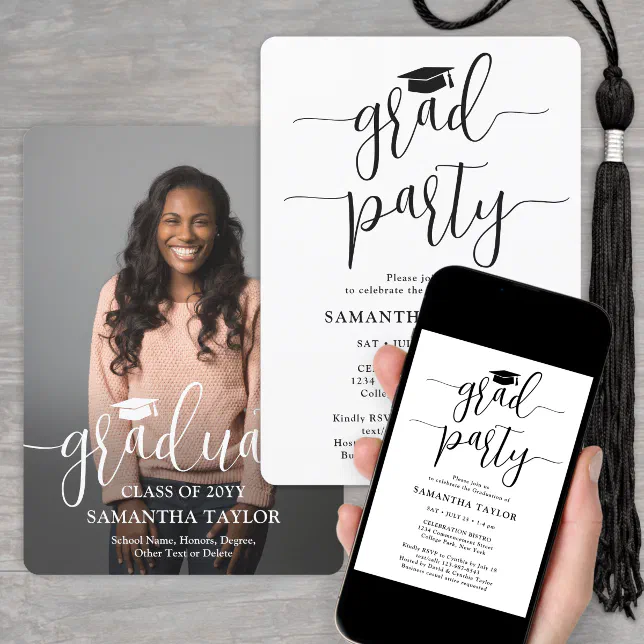 Modern Script & Photo Black White Graduation Party Invitation | Zazzle