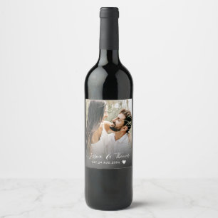 Modern Script Photo Black & White Wedding Wine Label