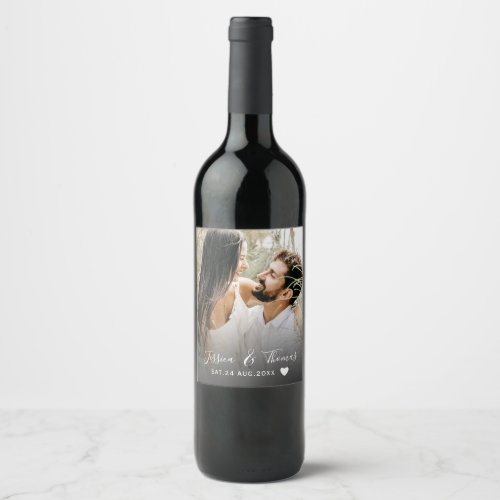 Modern Script Photo Black  White Wedding  Wine Label