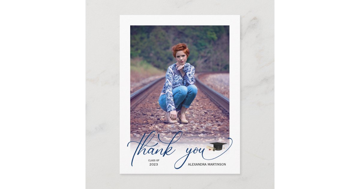 Modern Script Photo Blue Graduation Thank You Postcard | Zazzle
