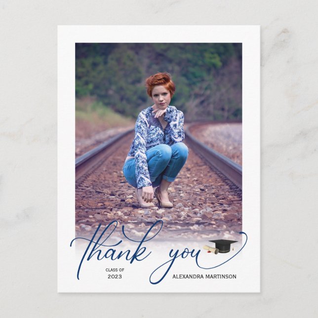 Modern Script Photo Blue Graduation Thank You Postcard (Front)