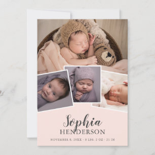Modern Script Photo Blush Pink Birth Announcement