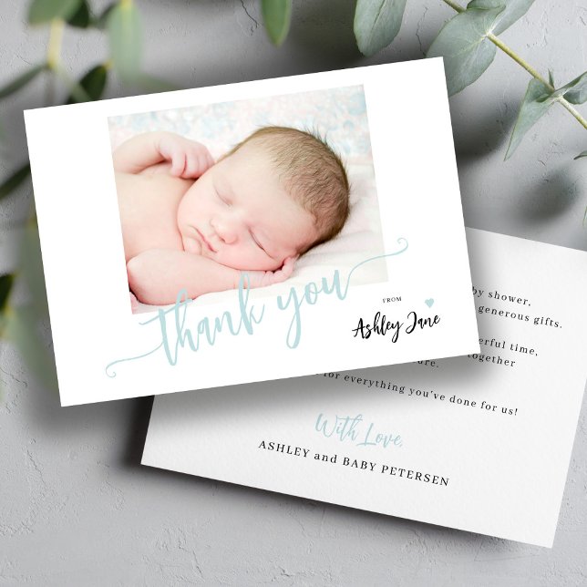Modern script photo boy baby shower thank you (Creator Uploaded)