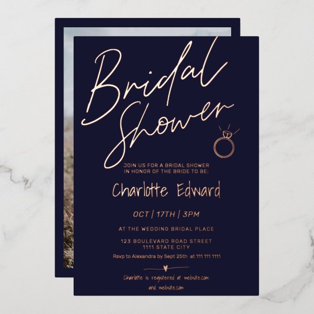 Modern script photo bridal shower ring rose gold foil invitation (Front/Back)