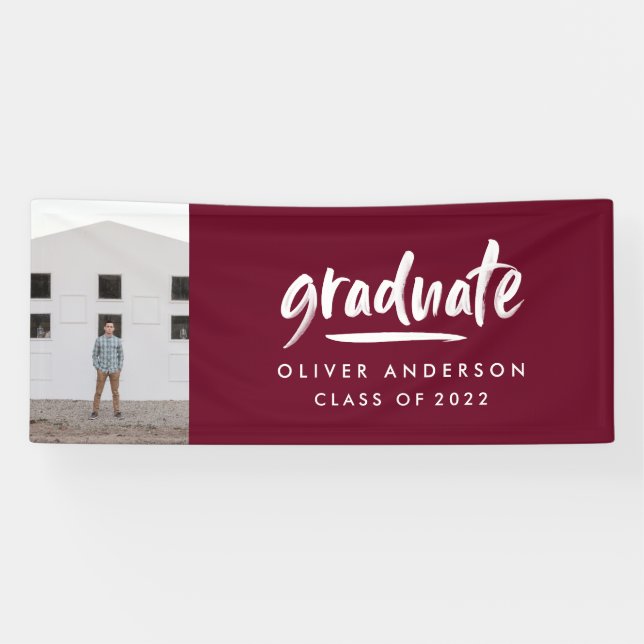 Modern script photo burgundy elegant graduation banner (Horizontal)