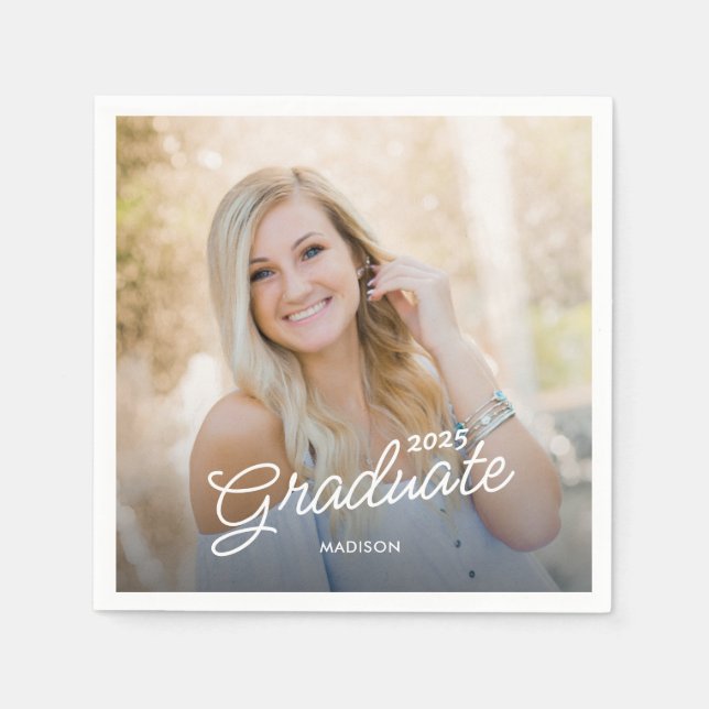 Modern Script Photo Class of 2025 Graduation Napkins (Front)