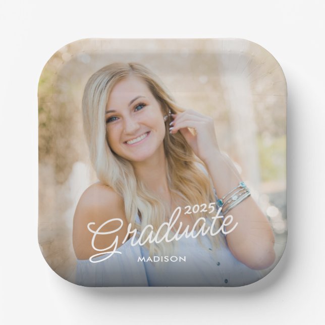 Modern Script Photo Class of 2025 Graduation Paper Plates (Front)