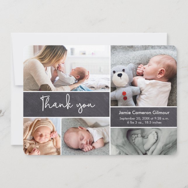 Modern Script Photo Collage Baby Boy Shower Thank You Card (Front)