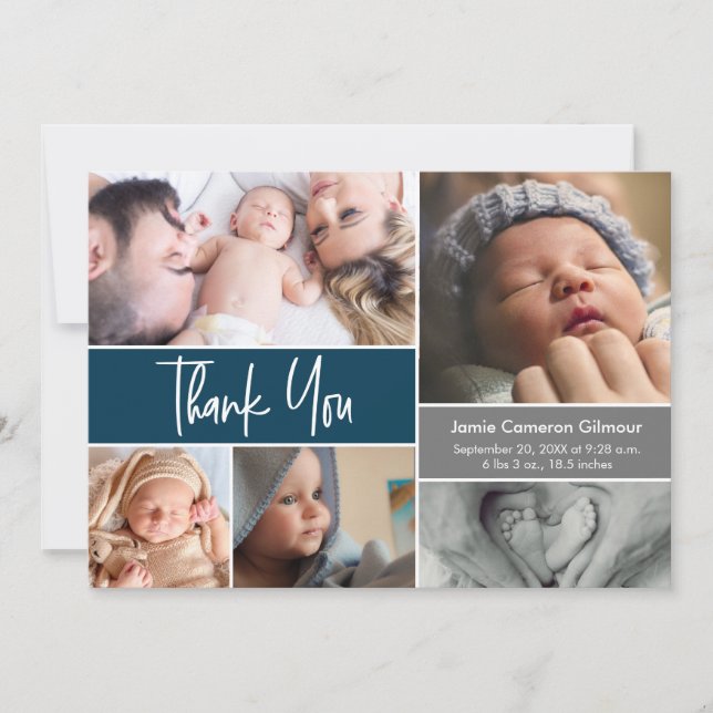 Modern script Photo Collage dark blue baby Shower  Thank You Card (Front)