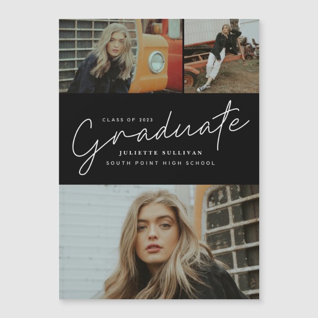 Modern Script Photo Collage Graduation Magnetic Invitation (Front)