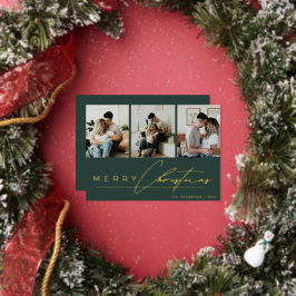 Modern Script Photo Collage Green Merry Christmas Foil Holiday Card