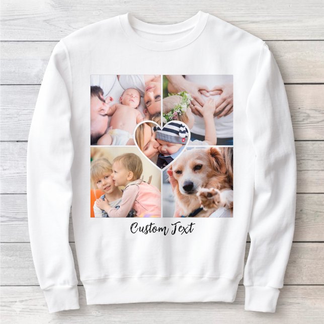Modern Script Photo Collage Heart w/ Custom Text  Sweatshirt (Photo Collage with Heart-Shaped Picture and Custom Text Sweatshirt)