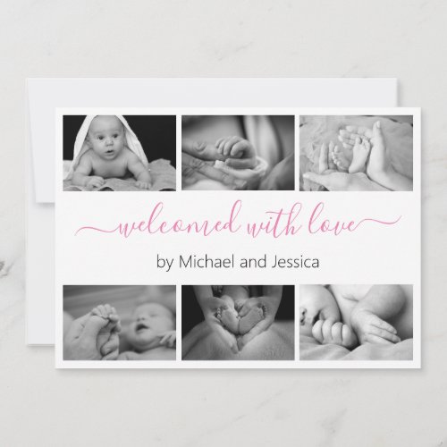 Modern Script Photo Collage New Baby Birth Announcement