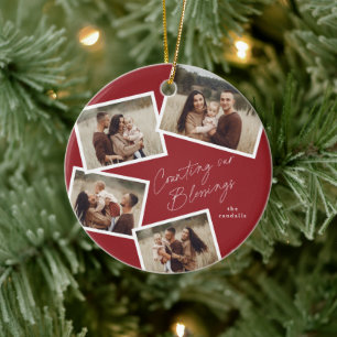 Modern Script Photo Collage Religious Christmas Ceramic Ornament