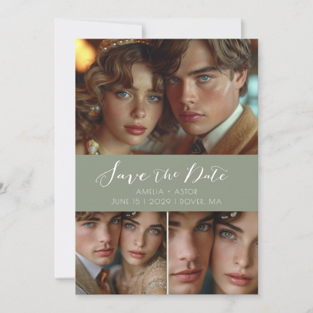 Modern Script Photo Collage Sage Green Save The Date (Front)