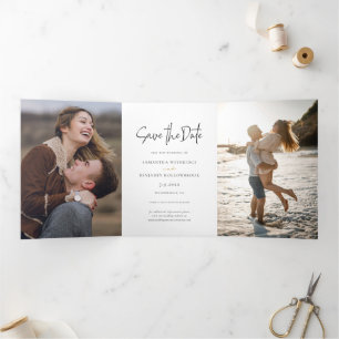 Modern Script Photo Collage Wedding Save the Date Tri-Fold Announcement