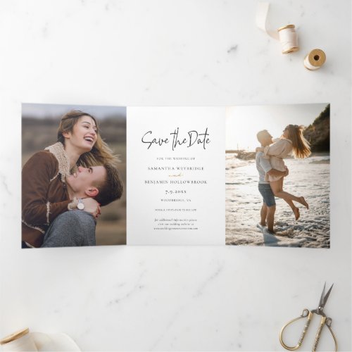 Modern Script Photo Collage Wedding Save the Date Tri_Fold Announcement