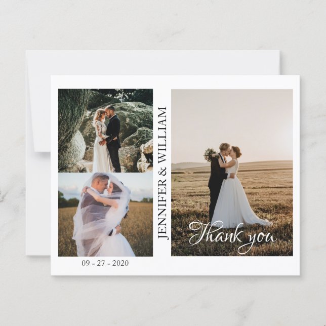 Modern Script Photo Collage Wedding Thank you card (Front)