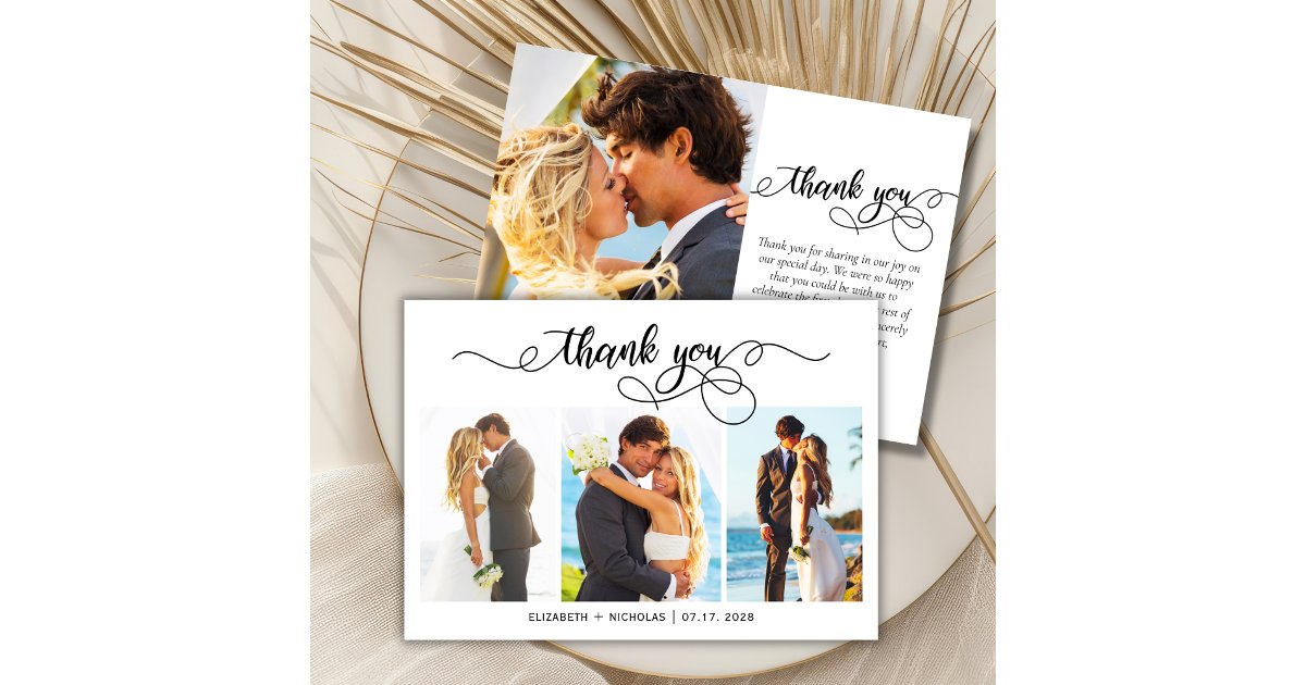 Modern Script Photo Collage Wedding Thank You Card | Zazzle