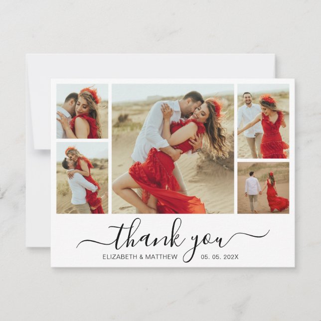 Modern Script Photo Collage Wedding Thank You Card (Front)
