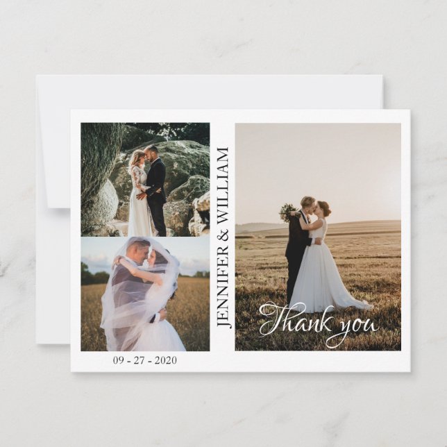 Modern Script Photo Collage Wedding Thank you card (Front)
