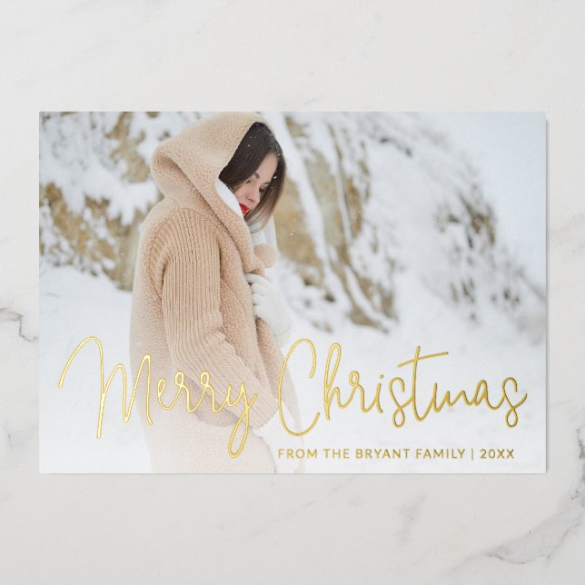 Modern Script Photo Elegant Christmas Foil Holiday Card (Front)