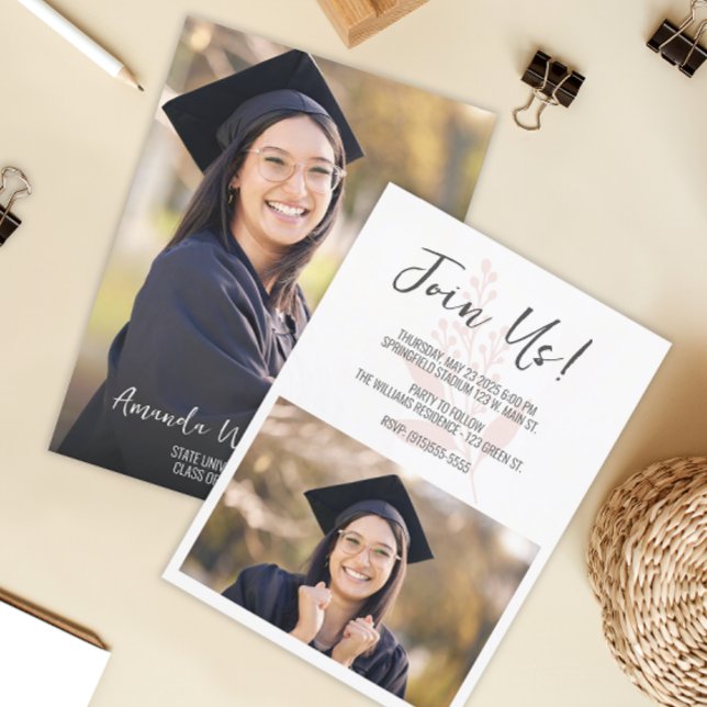 Modern Script Photo Graduation Invitation (Modern Two Photo Graduation Announcement)