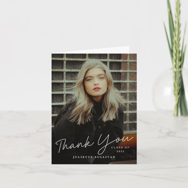 Modern Script Photo Graduation Letterpress Thank You Card (Front)