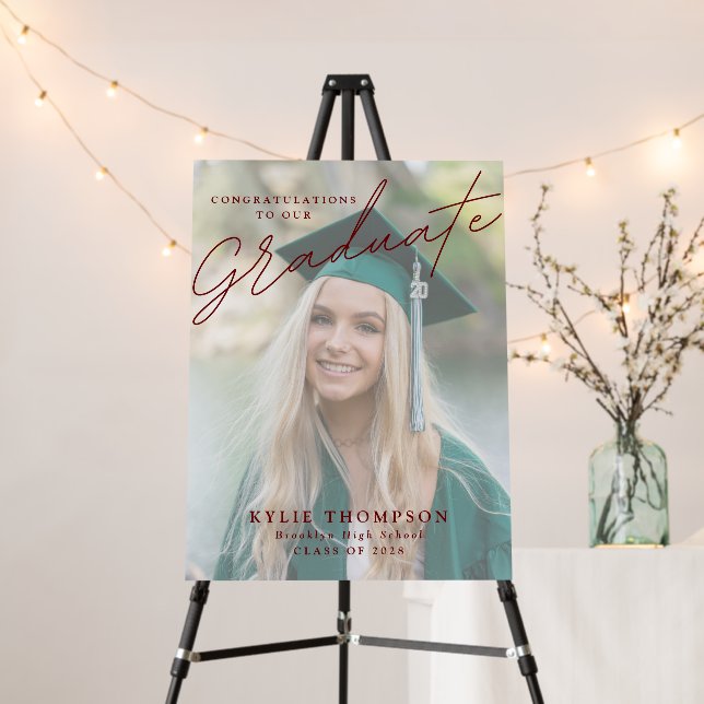 Modern Script Photo Graduation Maroon Welcome  Foam Board (In Situ (Stand))