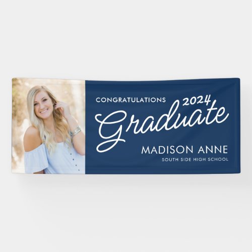 Modern Script Photo Graduation Navy Blue Banner