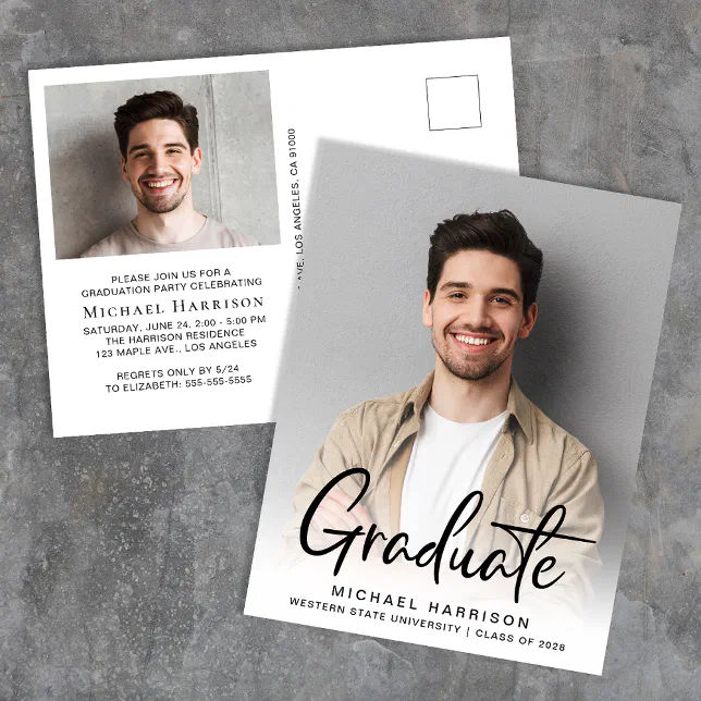 Grad Party Invite Script Modern Script Photo Graduation Party Invitation Postcard | Zazzle