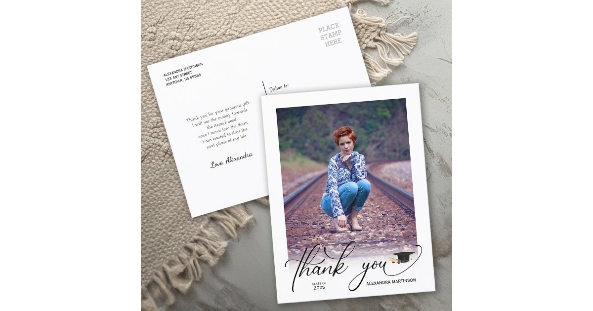 Modern Script Photo Graduation Thank You Postcard | Zazzle