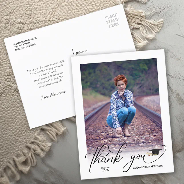 Modern Script Photo Graduation Thank You Postcard | Zazzle