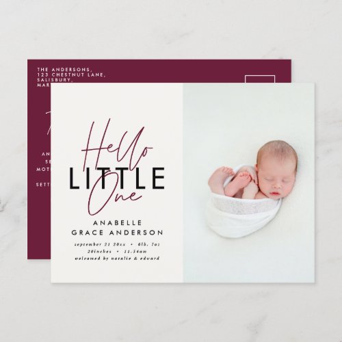 Modern script photo hello little one announcement postcard