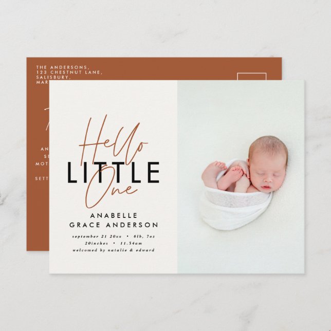 Modern script photo hello little one announcement postcard (Front/Back)