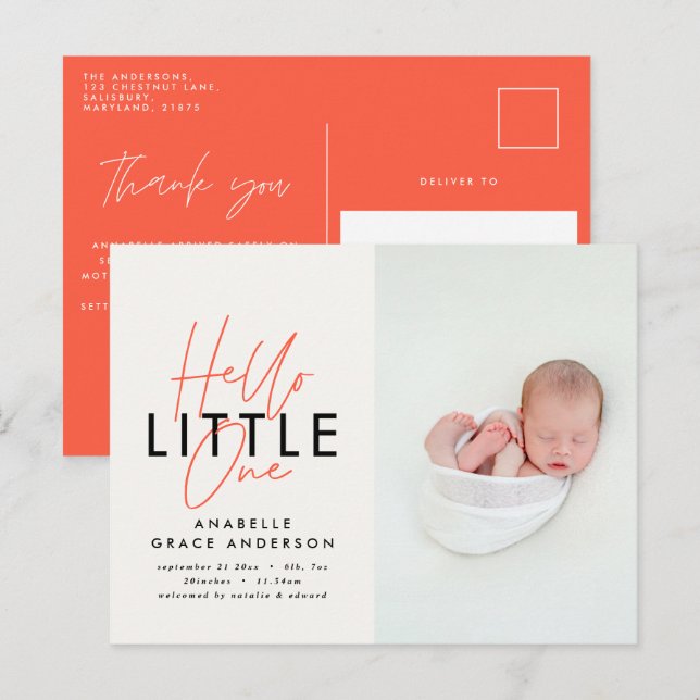 Modern script photo hello little one announcement postcard (Front/Back)