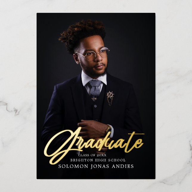 Modern Script Photo High School Graduation  Foil Invitation (Front)
