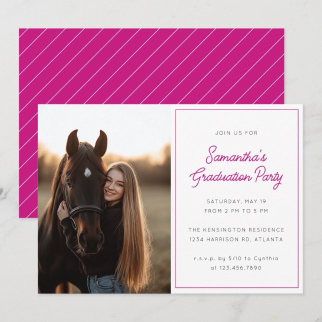 Modern Script Photo Hot Pink Graduation Party Invitation (Front/Back)