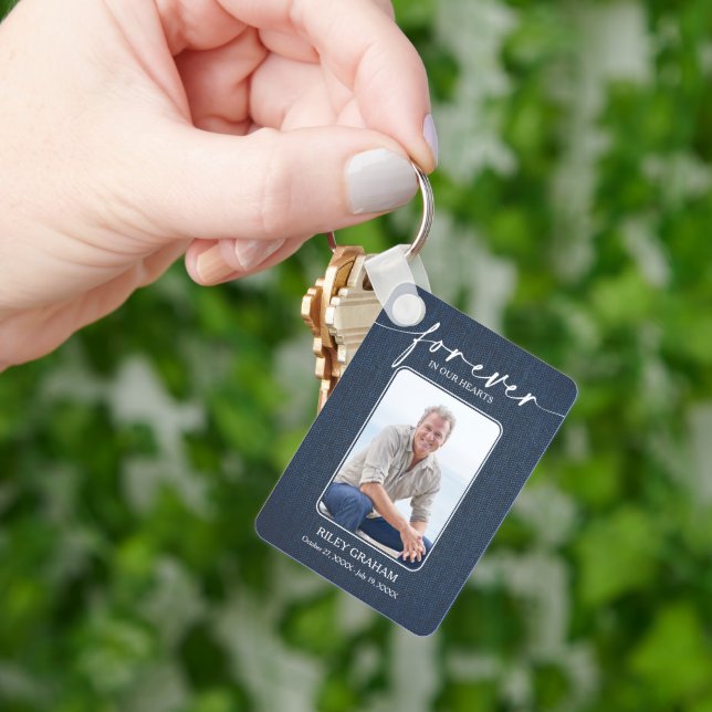 Modern Script Photo Memorial Forever in our Hearts Keychain (Hand)